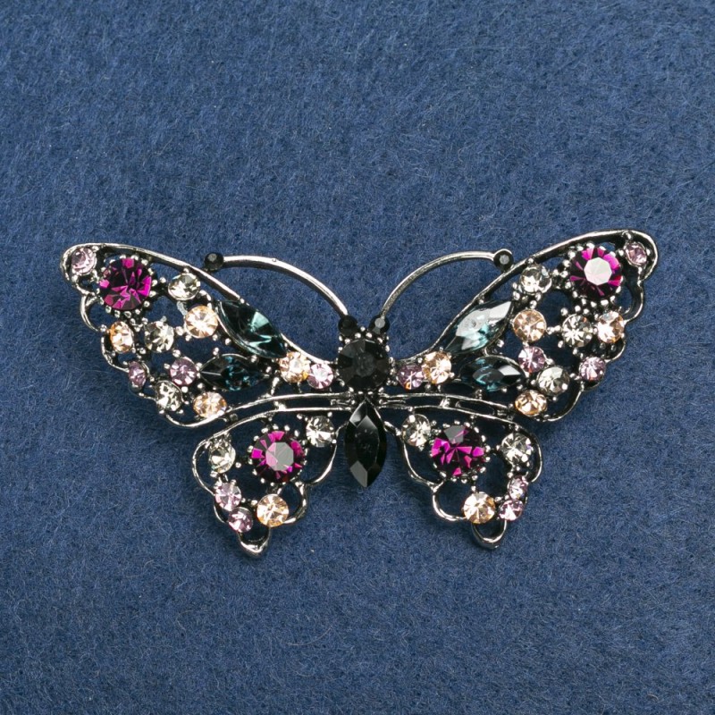 Butterfly brooch with multicolored rhinestones, silvery metal 70×39