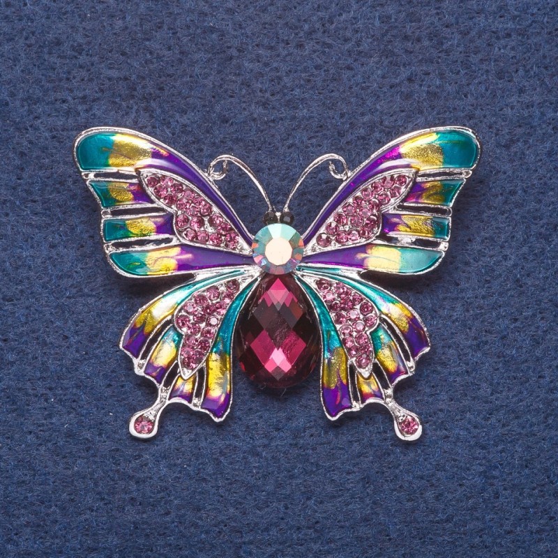 Brooch "Butterfly" purple enamel, silver-colored metal, 3.5×5 cm