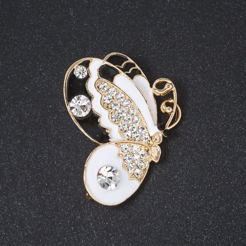 Brooch 'Butterfly' black and white enamel, crystals, metal color 'gold' 3.8 cm