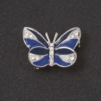 Brooch Butterfly blue enamel white crystals metal color 'silver' 2.7 cm