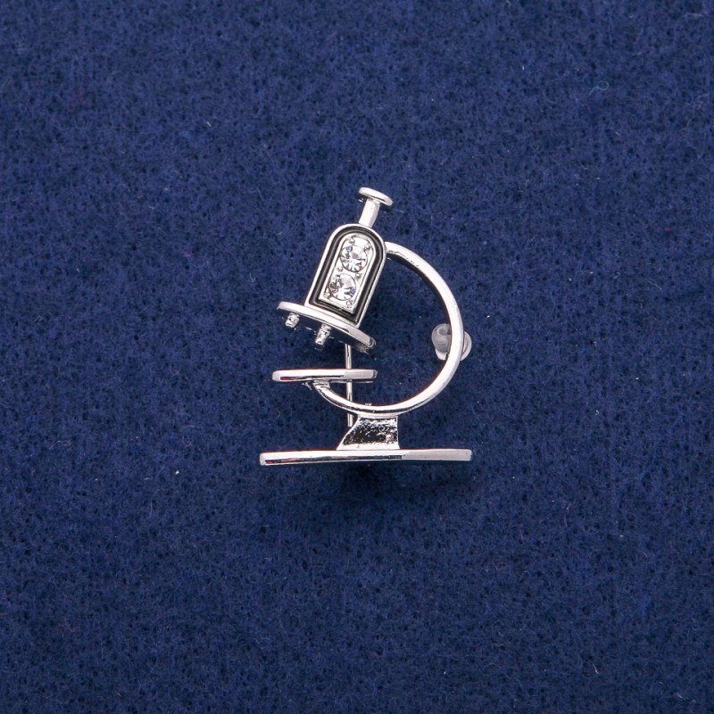Microscope Brooch with Enamel and Crystals, 24×31 mm, Silver Metal