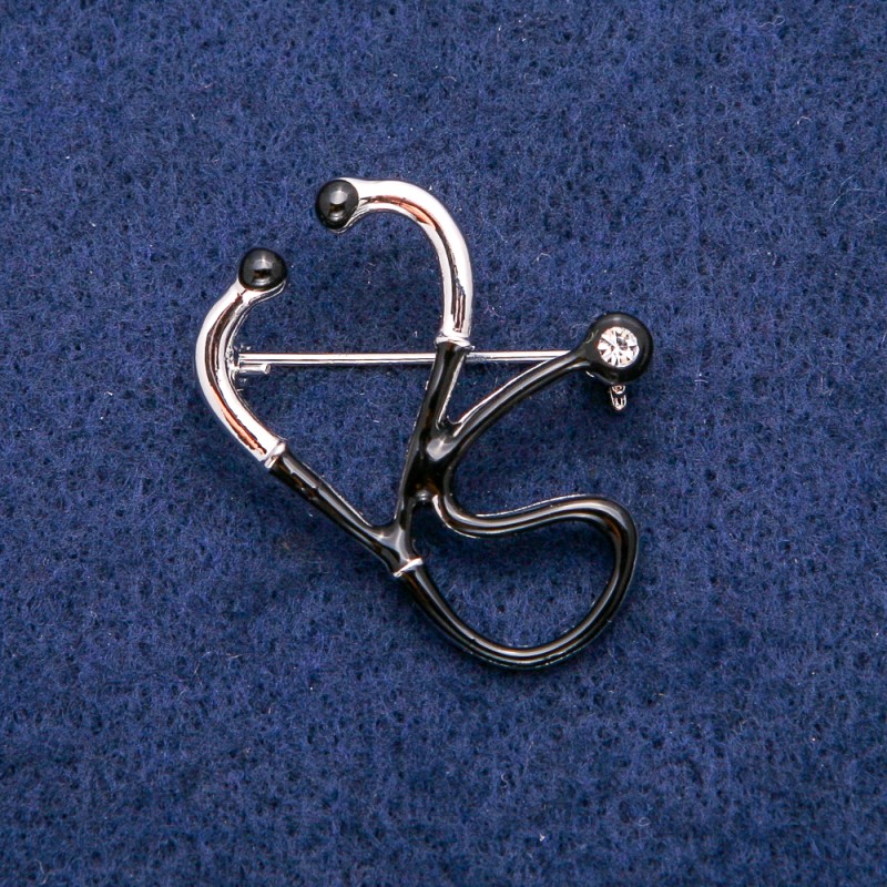Stethoscope Brooch, White Crystal, Black Enamel, 33x29 mm, Silvery Metal