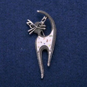 Kitty Brooch with Enamel, Halite, and Crystals, 30×73 mm, Silver-Colored Metal