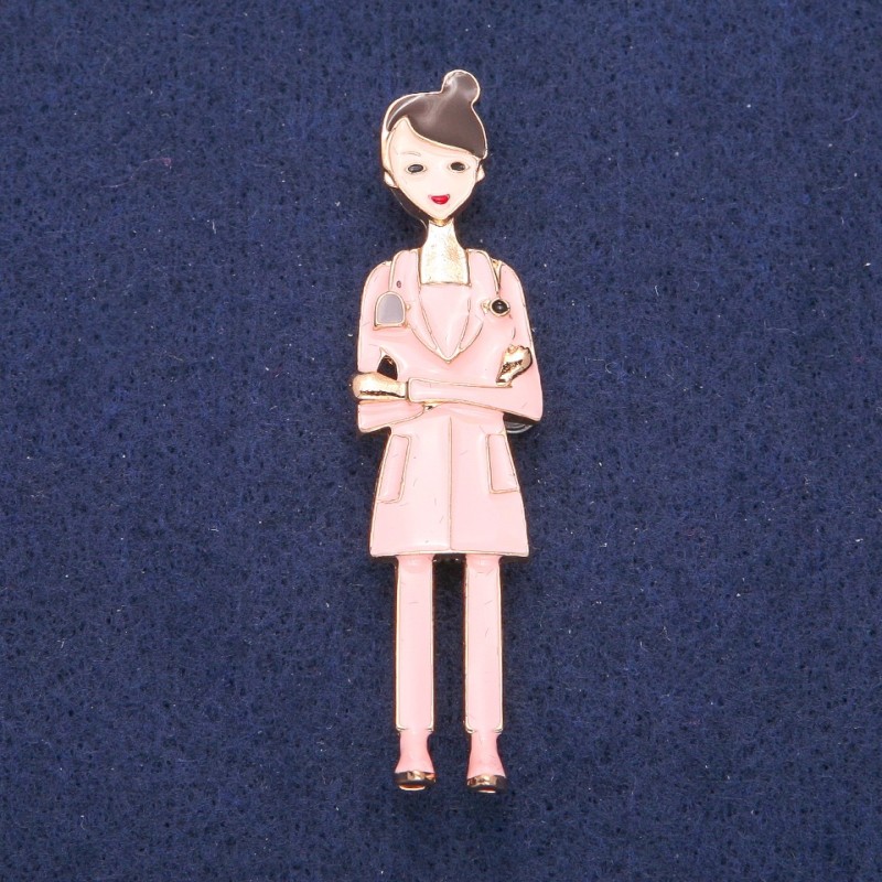 Brooch 'Nurse' Pink Enamel, Gold-tone Metal 17×66mm