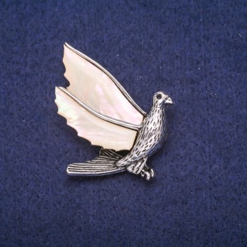 Bird Brooch with Pearl Inlay, Silver-Toned Metal 38x48mm