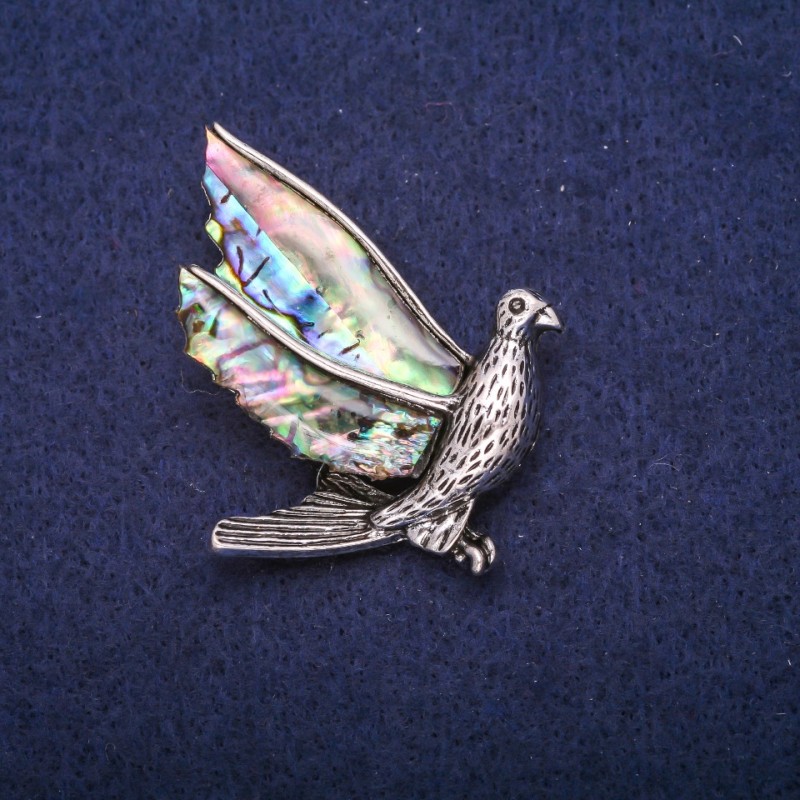 Bird Brooch with Haliotis Inlay, Silver-Toned Metal 38x48mm