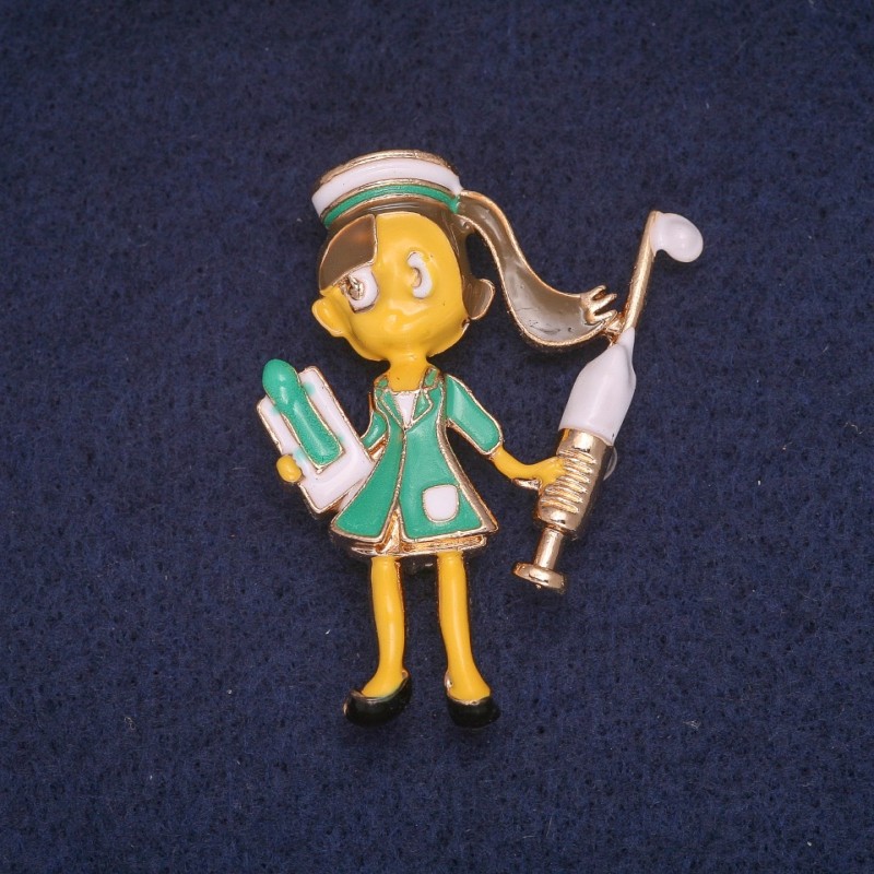 Nurse Enamel Brooch, Gold-Colored Metal 38x46mm