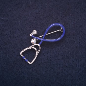 Brooch 'Stethoscope' 37×20 mm, enamel with crystals, blue and white, silver-colored metal