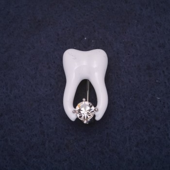 Tooth Brooch 25x15 mm, White Enamel, Silver Metal