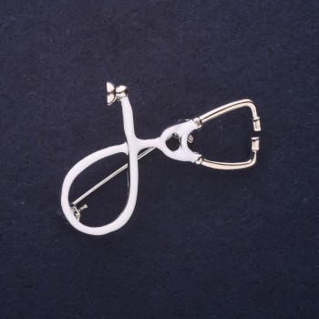 Stethoscope Brooch, White Enamel, Silver Metal, 44×30 mm