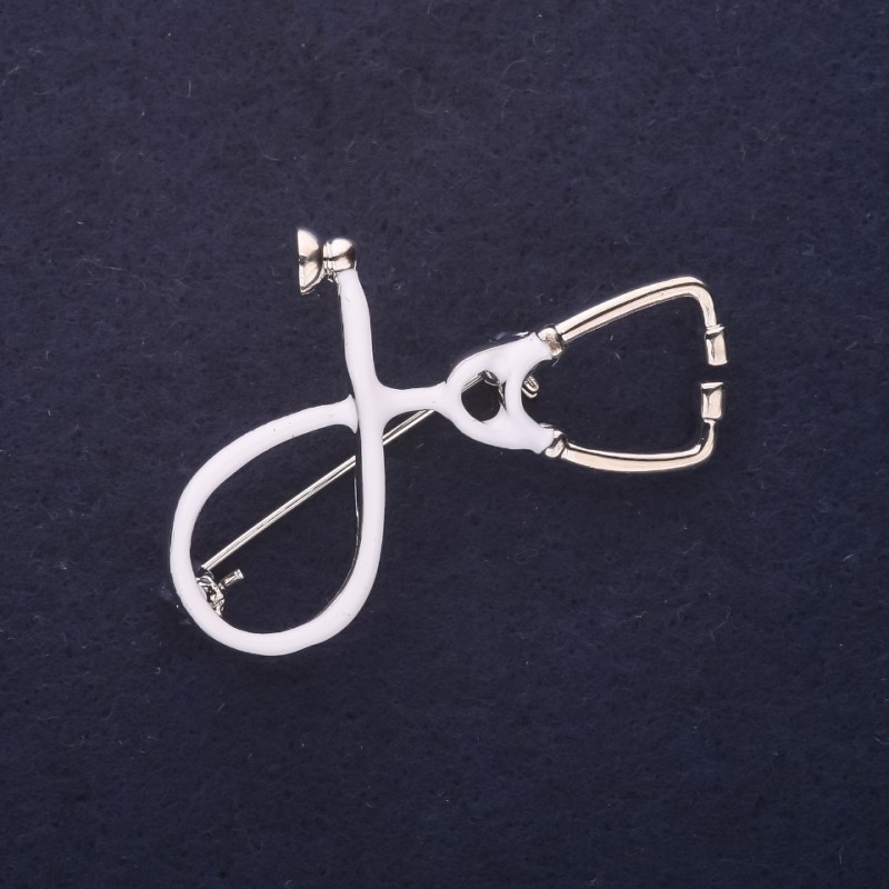 Stethoscope Brooch, White Enamel, Silver Metal, 44×30 mm