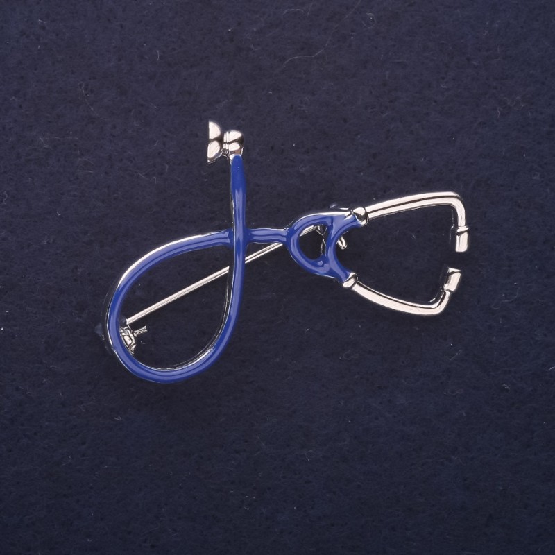 Brooch 'Stethoscope' blue enamel 44×30mm silver-tone metal