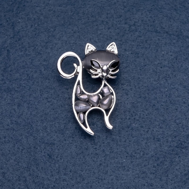 Brooch 'Kitty' with black Cat's Eye, metal color 'silver' 30×45 mm