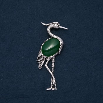 Brooch pendant Heron with natural Chrysolite stone 80x30mm