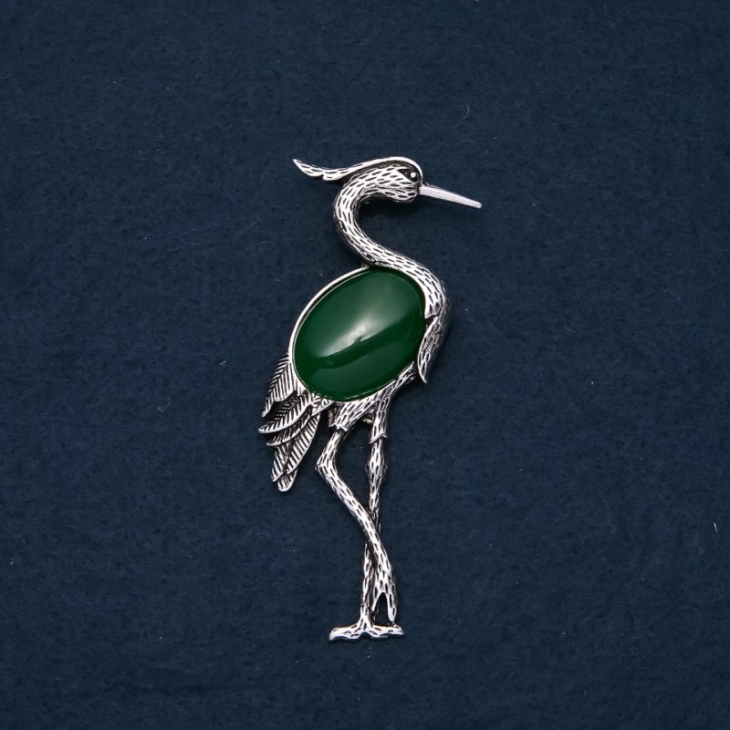 Brooch pendant Heron with natural Chrysolite stone 80x30mm