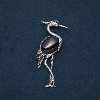 Heron Brooch-Pendant with Natural Aventurine Blue Sand Night of Cairo 80x30mm