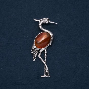 Heron Brooch-Pendant with Natural Carnelian Stone, 80x30 mm
