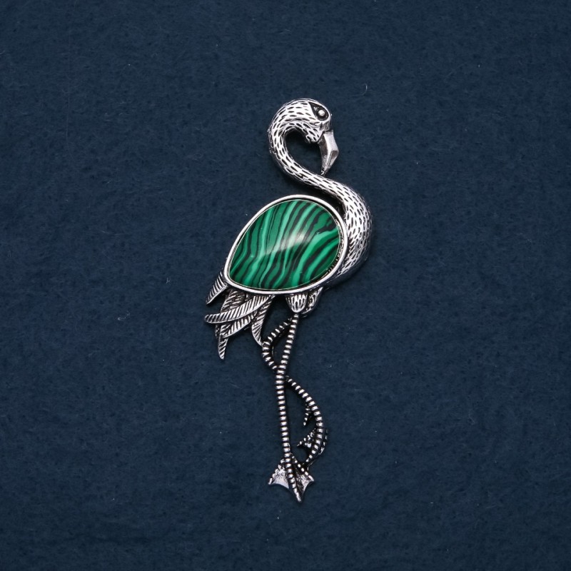 Flamingo brooch pendant with natural Malachite stone 85x30 mm