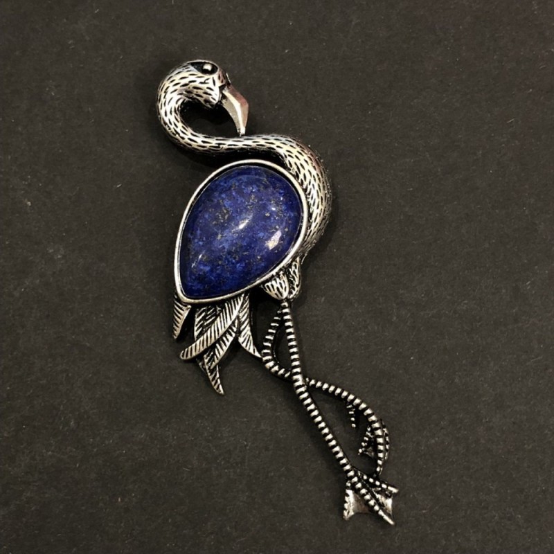 Flamingo Brooch-Pendant with Natural Lazurite Stone 85×30 mm