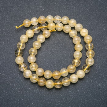 Beads on a thread - natural stone, Hairy rutile quartz beads, smooth round, 8 mm diameter, 39 cm length