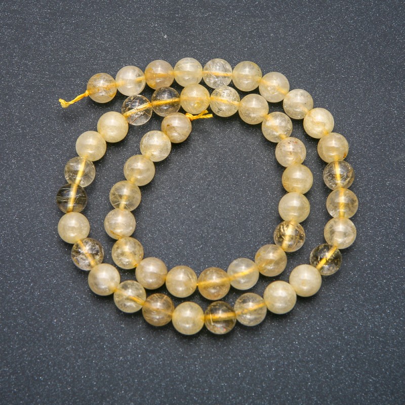 Beads on a thread - natural stone, Hairy rutile quartz beads, smooth round, 8 mm diameter, 39 cm length