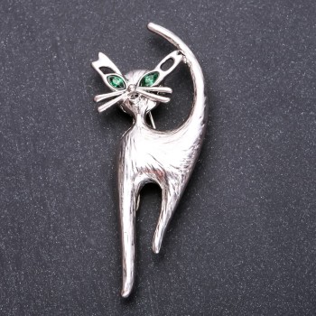 Cat Brooch with Green Rhinestones, 77×32 mm, Gray Metal