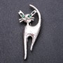 Cat Brooch with Green Rhinestones, 77×32 mm, Gray Metal