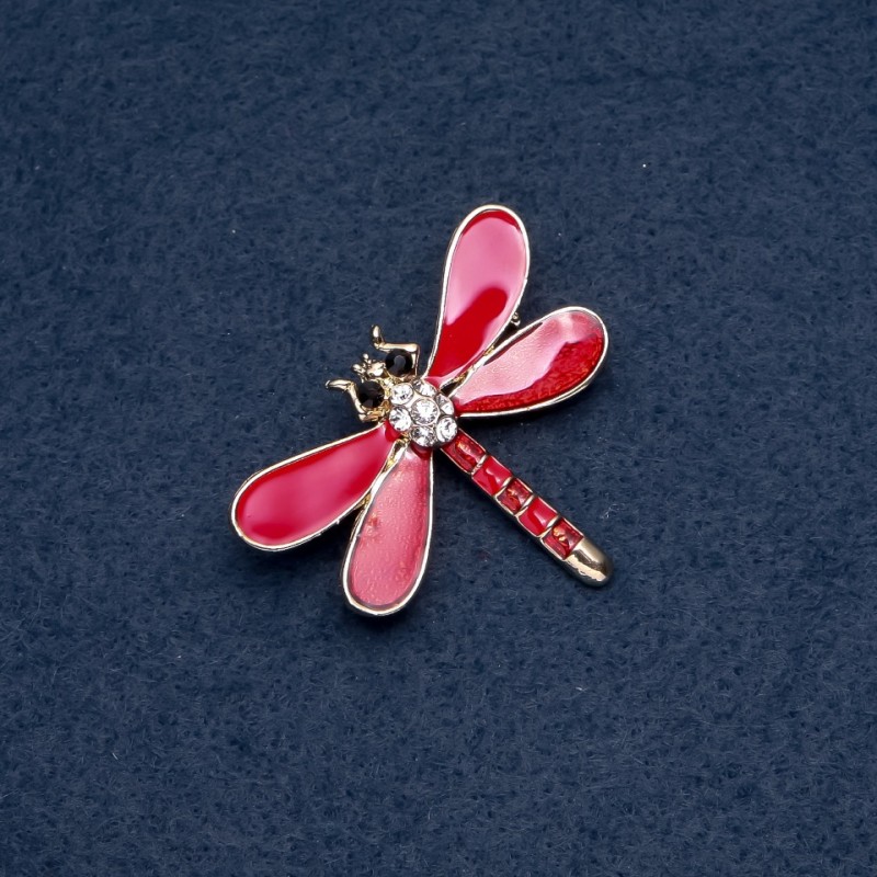 Brooch 'Dragonfly' with Red Wings, 35×45 mm, Insect Series, Metallic Color