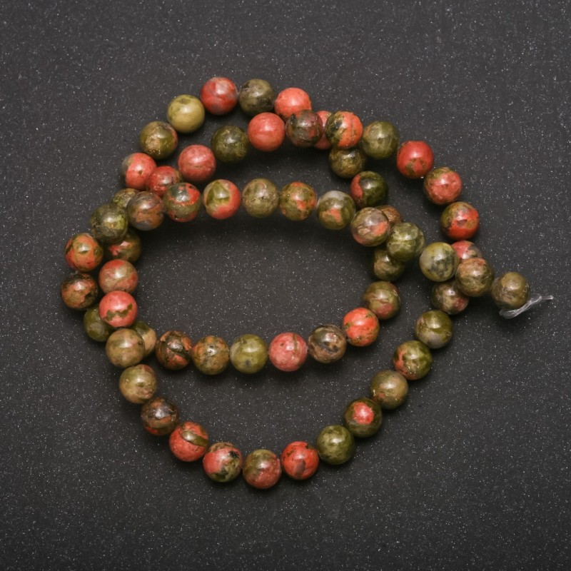 Heliotrope natural stone beads on thread, smooth spheres, 6 (+/-) mm diameter, 37 cm long