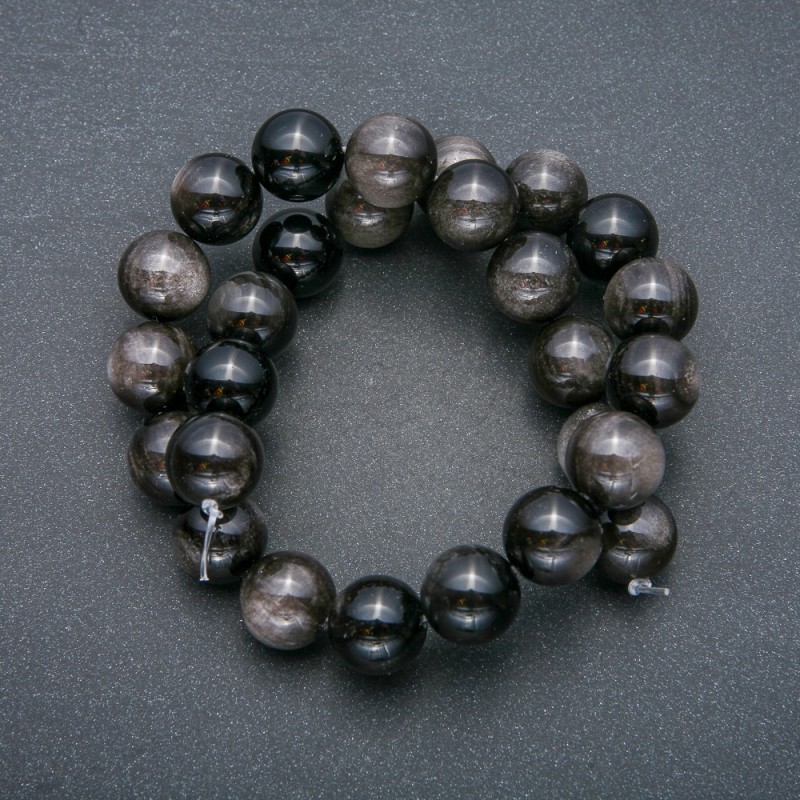 Beads on a thread of natural stone Silver Obsidian — smooth bead, 14 mm diameter, 39 cm length