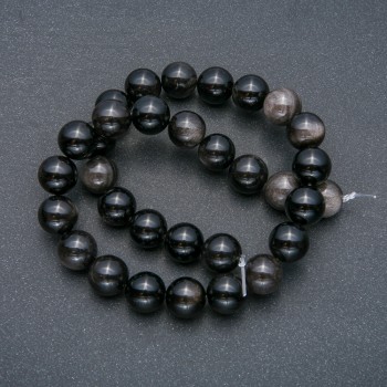 Threaded beads, natural stone, Silvery Obsidian, smooth spheres, 12mm diameter, 39cm length