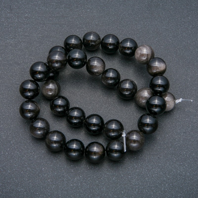 Threaded beads, natural stone, Silvery Obsidian, smooth spheres, 12mm diameter, 39cm length