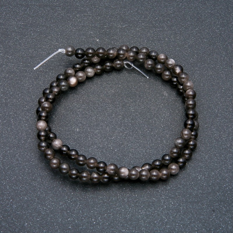 Beads on a Thread - Silvery Obsidian, Smooth Bead, 4 mm Diameter + -, 39 cm Length +