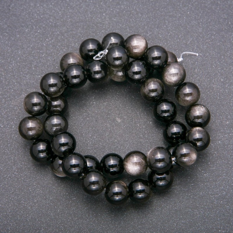 Beads from natural stone Silvery Obsidian, smooth round beads, 10 mm diameter (+/-) mm, 38 cm length
