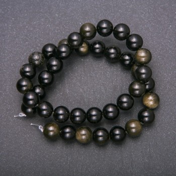 Beads of natural stone on thread, Sunstone Obsidian, smooth round beads, 10 mm diameter, 38 cm length