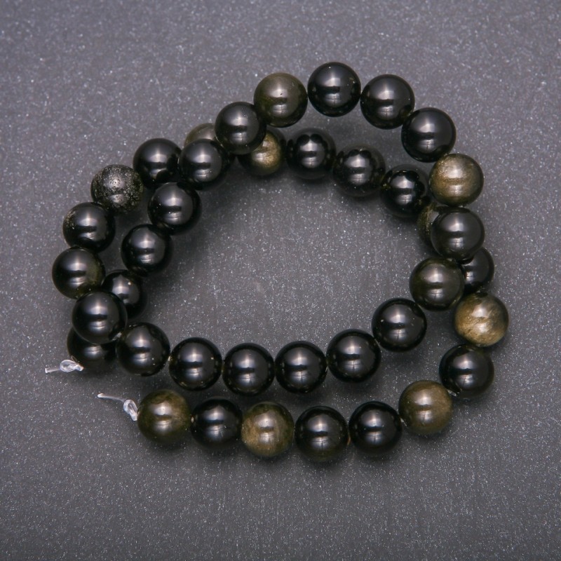 Beads of natural stone on thread, Sunstone Obsidian, smooth round beads, 10 mm diameter, 38 cm length