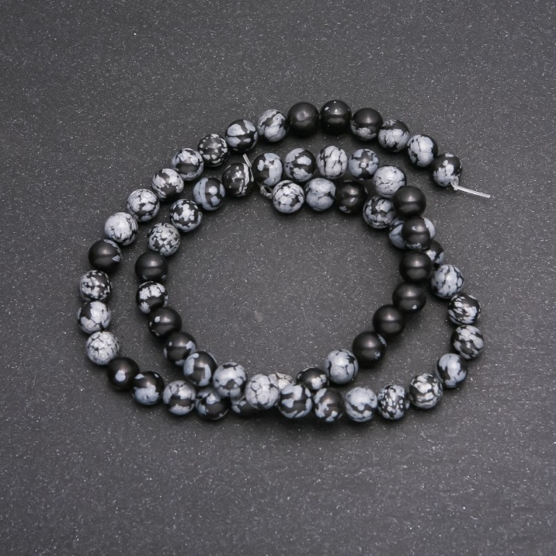 Beads on beading thread Snow Obsidian 'Apache Tears' smooth spheres, 6 mm diameter, 38 cm length