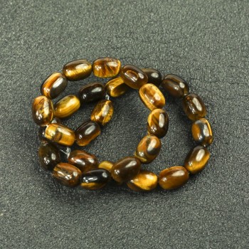 Tiger's Eye Barrel Beads on Thread, Natural Stone, Diameter 10x14 mm, Length 39 cm