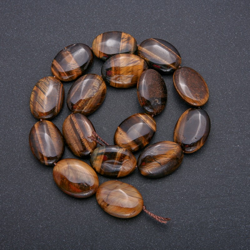 Beads on Thread - Natural Stone Tiger's Eye, Oval, 25×18 mm, 39 cm Length