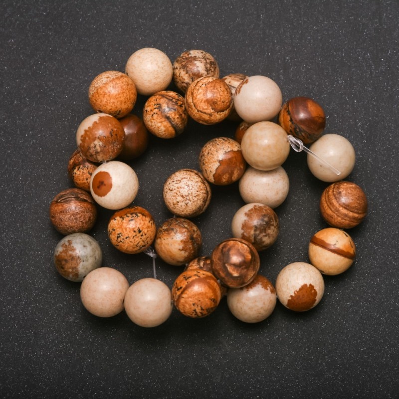 Natural stone beads on a string Landscape Jasper, 12 mm diameter, 39 cm length