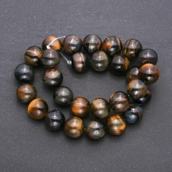 Beads of natural Falcon's Eye stone, smooth round bead, 14 mm diameter, 38 cm strand