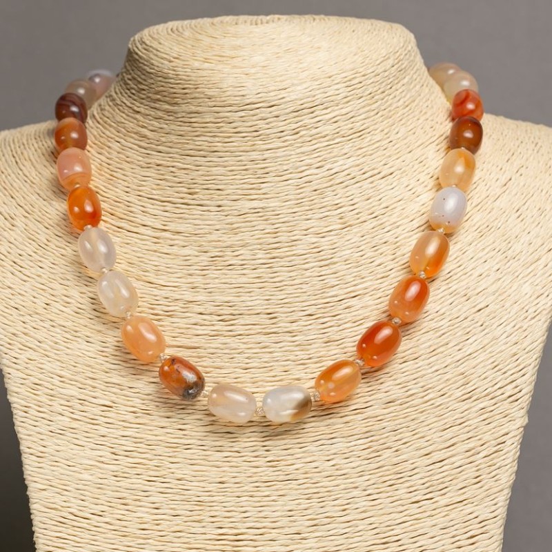 Carnelian Bead Necklace 'Barrel', bead diameter 10x14 mm, length 46-48 cm+