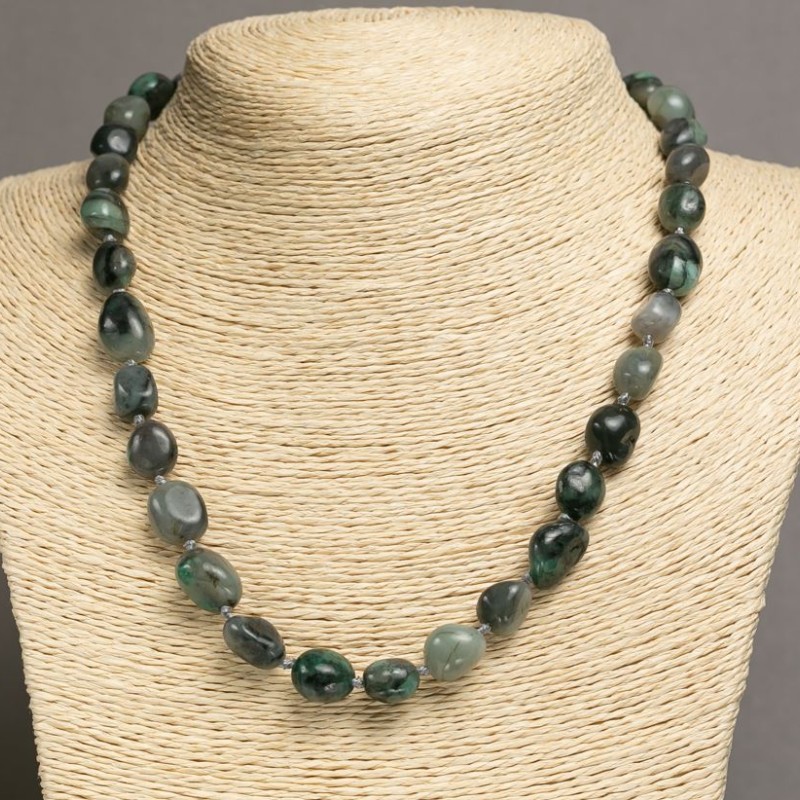 Natural Moss Agate Bead Necklace, polished, diameter 12x10 mm, length 47–50 cm