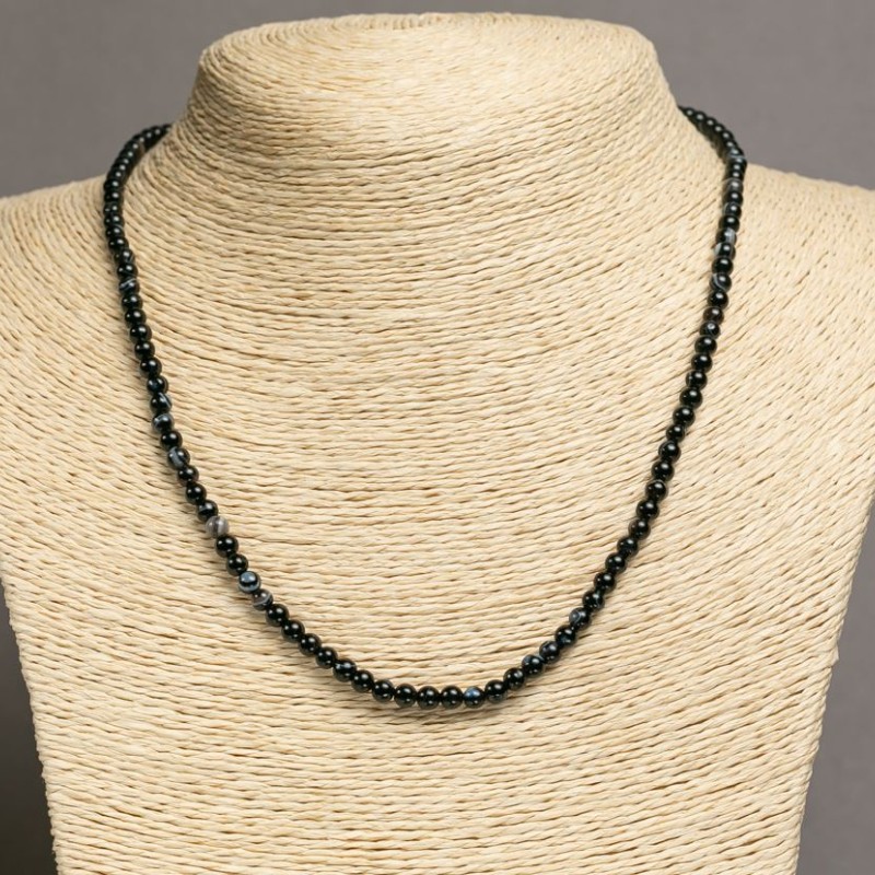 Black Agate Bead Necklace with Smooth Beads, 4 mm Diameter, 46–48 cm Length+