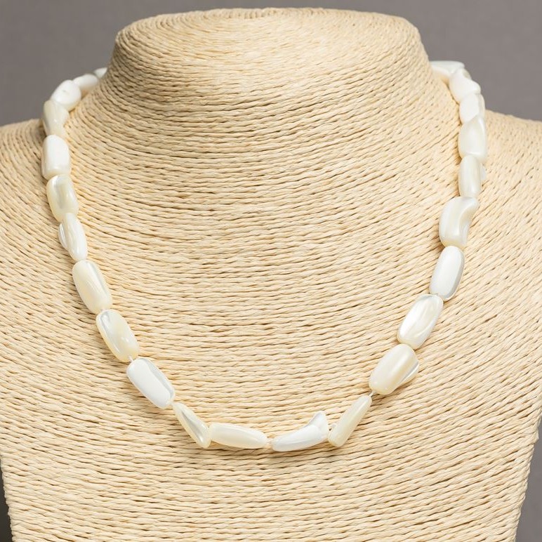 Natural White Mother-of-Pearl Necklace with Faceting, Bead Diameter 15×8 mm, Length 45–48 cm +