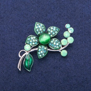 Flower Brooch with Green Cat's Eye and Crystals, 36x56mm