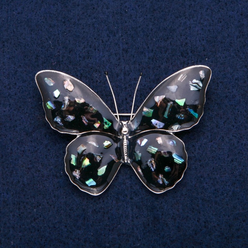 Brooch 'Butterfly' with Haliotite and Black Enamel, Silver-Tone Metal 40x55mm