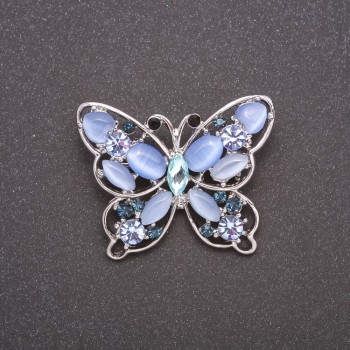 Blue Cat's Eye Butterfly Brooch, Gray Metal Finish, 37×30 mm