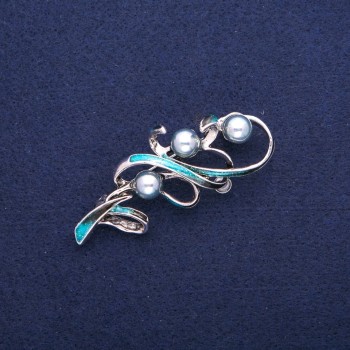 Twig Brooch with Mallorca Pearls and Blue Enamel, Silver-Tone Metal 24x60mm