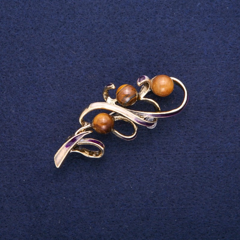 Brooch Sprig with Tiger's Eye and Enamel, Gold-tone Metal 24x60mm